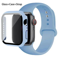 Glass+Case+Strap For Apple Watch band 44mm 45mm 42mm 41mm 40mm 38mm Silicone watchband bracelet iWatch series 8 9 7 6 5 4 3 SE