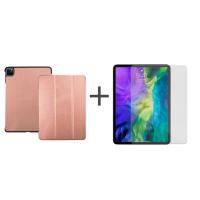 【Metal-Slim】Apple iPad Pro 11吋 第2代 2020(高仿小牛皮三折立架式皮套+玻璃保護貼 玫瑰金)