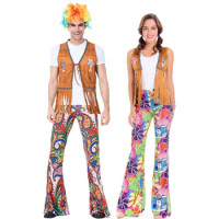 Adult 60s 70s Retro Hippie Gogo Girl Disco Costume Hip Hop Singer Cosplay for Women Men Couple Fancy Costumes Dress