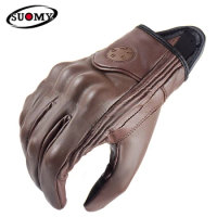 SUOMY Vintage Motorcycle Gloves Leather Motocross Gloves MTB Biker Cycling Motorcyclist Protection Goatskin Touchscreen Gloves