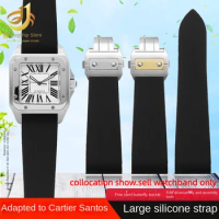 For Cartier Santos 100 W2020007 Waterproof Rubber Watch strap 25mm black soft Silicone Stainless steel watch buckle Watchband