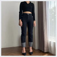 Shenel | Hailey Celana Jeans Wanita Highwaist Stretchy Jeans Melar Kaki Lipat Celana Jeans Panjang C