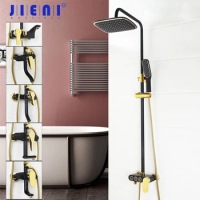 JIENI Black Gold-plated Wall Mounted Bath Shower Set Faucet Rotation Shower Head Bathroom Water Saving High Pressure Shower Set