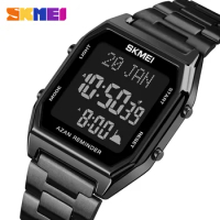 SKMEI Digital Watch Men Azan Watch for Muslim Prayer with Qibla Compass Islam Al-Harameen Fajr Time Clock Include Hijri Calendar