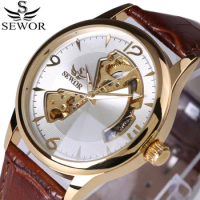 2017 Fashion Design Watch Mens Automatic Mechanical Watch Genuine Leather Strap SEWOR Top Brand Skeleton Luxury Men Watches Box