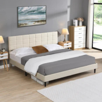 King/Queen/Full Size bed,Platform Bed Frame with Fabric Upholstered Headboard and Wooden Slats,No Box Spring Needed,Beige