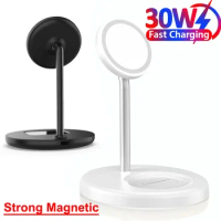 30W 2 in 1 Magnetic Wireless Charger Stand Phone Charging Station Dock For iPhone 15 14 13 12 11 Pro Max AirPods Fast Chargers