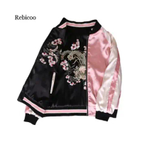 Floral Embroidery women jacket Autumn winter Harajuku Pilot Jacket On Both Sides Casual Baseball Jackets Coats Sukajan