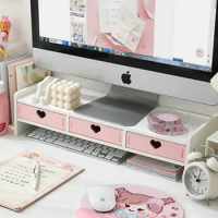Fashion Pink Monitor Stand With Drawer Girl's Desk Organizer Set Multifunction Desktop Shelf Monitor Riser Stand