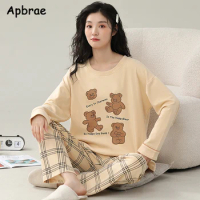 Pure Cotton Pajama for Women Autumn Winter Kawaii Bear Print Pajama Long Sleeves Plaid Pants Sleepwear O-neck Girl Pijamas