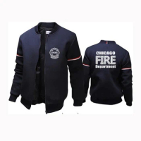2024 Spring Autumn Men's Chicago Fire Department Logo Printing Casual Harajuku Loose Solid Color Stand Collar Flight Jacket Coat
