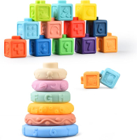 Montessori Toys for Babies 0-6 Months - Soft Stacking Building Blocks Rings Balls Sets 2 in 1 Baby T