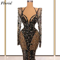 Luxury Heavy Handmade Evening Dresses Crystals Long Sleeves Evening Gowns Sexy Mermaid Celebrity Dresses Special Occasion Gowns