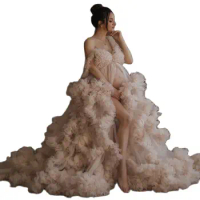 Puffy Tulle Maternity Robe Women Dress Maternity for Photoshoot Extra Fluffy Pregnancy Dressing Gowns Front Split Maternity Gown