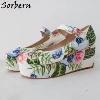 Sorbern 9cm Mary Jane Women Pumps Shoes Round Toe Wedge Heel Size EU46 Visible Platform Flower Print Large Size 33-48