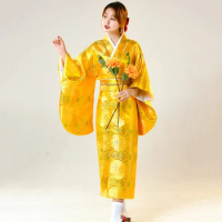 Gold Silk Brocade Japanese Kimono Women Formal Wear Traditional Improved Kimono Yukata Stage Anime F