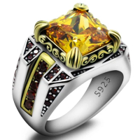 Genuine 925 Sterling Silver Square Men's Ring Türkiye Gold Yellow Zircon Fashion Party Ring Gold Women's Ring Gift Wedding