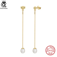 ORSA JEWELS 14k Gold Plated Long Chain Pearl Earrings for Women Sterling Silver Pearls Tassel Ear Drop Jewelry Gift GPE21