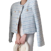【MsMore】香榭氣質高級感小香風圓領長袖藍白珍珠扣短版外套#114328(藍色)