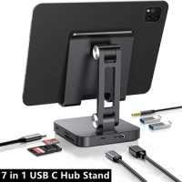 7 in 1 USB C Hub Stand Multiport Adapter with 4K@30Hz HDMI 60W PD SD/TF USB 3.0 Jack Adjustable Bracket Hub for iPad Pro Chrome