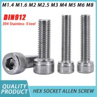 3-60pcs 304 Stainless Steel Hexagon Hex Socket Screw DIN912 M1.4 M1.6 M2 M2.5 M3 M4 M5 M6 M8Hex Socket Head Cap Allen Bolt Screw