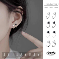 JYJIAYUJY - ต่างหูตะขอเงินแท้ 100% S925 7/11MM เซอร์โคเนียกลม ขาว ดำ สไตล์แฟชั่นเกาหลี ลำลอง สง่างาม