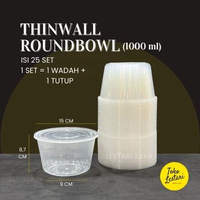 (25 Pcs) Thinwall Bulat Roundbowl 1000 ml untuk Mangkok Makan Bulat Plastik Puding Dessert Kue Salad