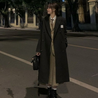 【巴黎精品】毛呢外套長款大衣-寬鬆學院風雙排扣純色女外套2色p1at26