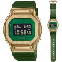 【CASIO 卡西歐】G-SHOCK 沙漠越野 金屬錶殼霧面半透明方形電子錶-綠金(GM-5600CL-3 防水200米)