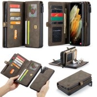 Removable Zipper Wallet Multi Cards Phone Case For Samsung Galaxy S22 S21 S20 Note 20 A52 A72 A51 A71 Magnetic Flip Back Cover