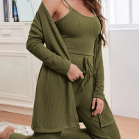 Summer Pajama Set for Women 3PCS Knitted Cami Crop Top Pants Cardigan Loungewear Sleepwear 2023
