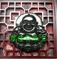 瑞隆軒珠寶天然玉石 新疆和田 墨玉 大肚笑佛 金錢佛玉掛件吊墜