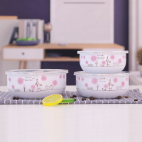 搪瓷琺瑯碗日式3件套帶蓋保鮮碗泡面碗沙拉甜品水果儲物碗多用