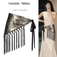 High-end Triangle Scarf Wide Waist Belt for Women Fashion Ethnic Style Printed Decorative Tassel Bel