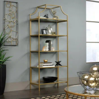Luxury bookshelf/bookshelf, satin gold finish, tempered glass shelf with Chinese metal frame, household bookshelf