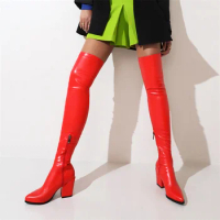 Elastic Over the Knee High Boots Women Soft Red White Black Long Thigh Boot Shoes Block Heels Winter Shoes Lady Large Size 48