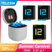TELESIN 1750mAh Battery For GoPro Hero 9 10 11 12 Battery 3 Slot Silicone Anti-fall Waterproof Charging Box with TF Card Reader