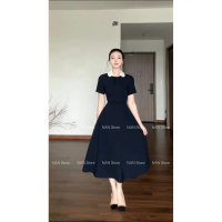 NAN Store - Váy thiết kế cổ sen viền khuy bọc nơ bụng dáng dài xoè