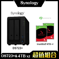 Synology DS723+ 2Bay NAS 網路儲存伺服器＋希捷 Seagate 4TB NAS專用硬碟-兩入組