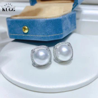 KUGG PEARL 18k White Gold Earrings 10-11mm Natural Australian White Pearl Stud Earrings for Women Shiny Diamond Jewelry