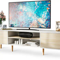 TV Stand for 75 Inch TV, Entertainment Center with Storage, 2 Cabinet Media Console Table, Wood Feet, Living Room