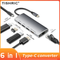 TISHRIC 6 IN 1 Multi Type C Dock Type-C to RJ45/PD/USB3.0/HDMI-compatible Type C HUB Adapter Type-C Splitter for Laptop