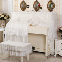 Lace Embroidered Piano Protective Cover White Transparent Gauze Double Curtain Piano Dust Cover Ruffle Edge Piano Bench Case