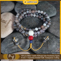 Tasbih / Mala Buddha 108 Batu Botswana Agate 8 mm + separator kristal putih transparan cutting