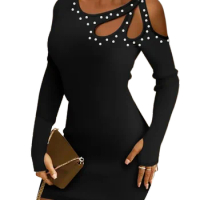 Women Sexy Long Sleeve Hollow Out Beaded Bodycon Dress