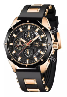 LIGE LIGE 計時男女通用 IP 玫瑰金不銹鋼石英手錶 48 毫米，黑色錶盤，黑色橡膠錶帶
