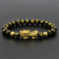 Never Fade Stainless Steel Golden Pixiu Obsidian Bracelet Feng Shui Natural Stone Wealth Bracelet Charm Lucky Amulet Bracelet