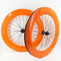 Newest Orange Solid Color Customizable 700C Road Bike Full Carbon Fibre Bicycle Wheelset carbon Rims Thru Axle Disc Brake Hubs
