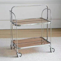 Medieval Style Movable Folding Cart Wine Cart Transparent Glass Storage Trolley Wheel Kitchen Cart Sofa Side Table