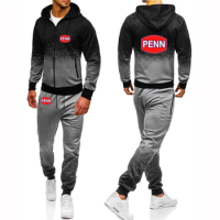 Penn Fishing Reel 2023 Men's New Zipper Hoodie Casual Tracksuit Hip Hop Harajuku Gradient Color Jacket Sweatpants Suits Clothing